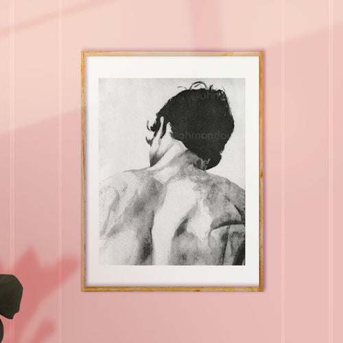 Two men peacefully cuddling or sleeping in bed, capturing intimacy and love. Gay couple wall art, romantic queer illustration.