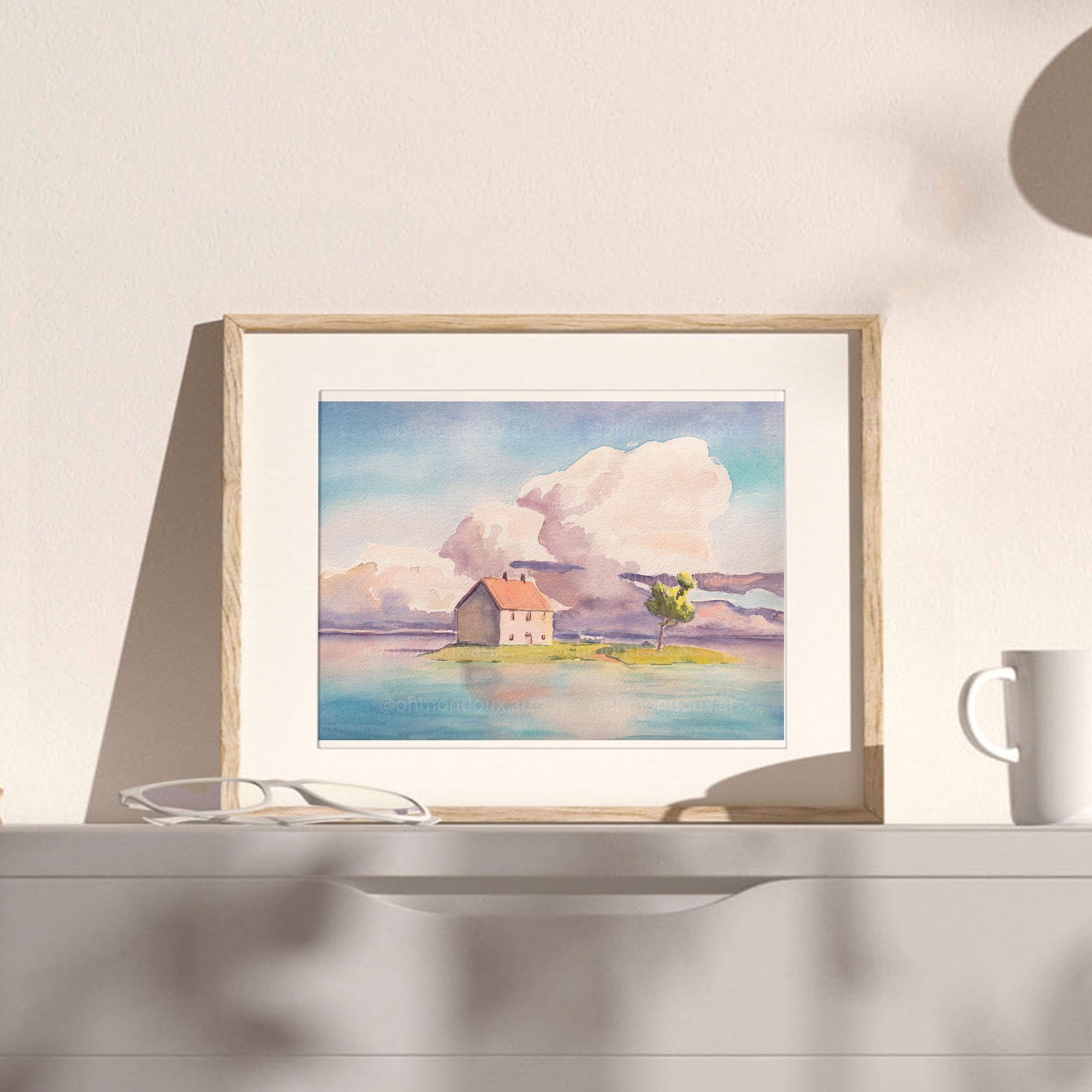 Poetic gay illustration of a man by the water, blue minimalist line art, queer wall art, masculine nature drawing Oh Mon Doux.