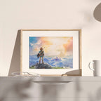 Gay couple illustration with a travel theme, two men together in nature, queer wall art, masculine adventure art print.