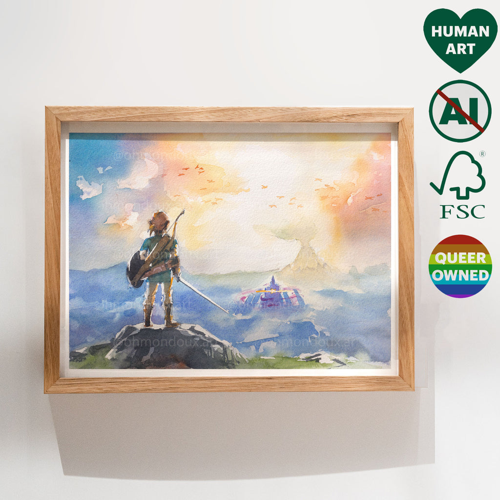 Gay couple illustration with a travel theme, two men together in nature, queer wall art, masculine adventure art print.