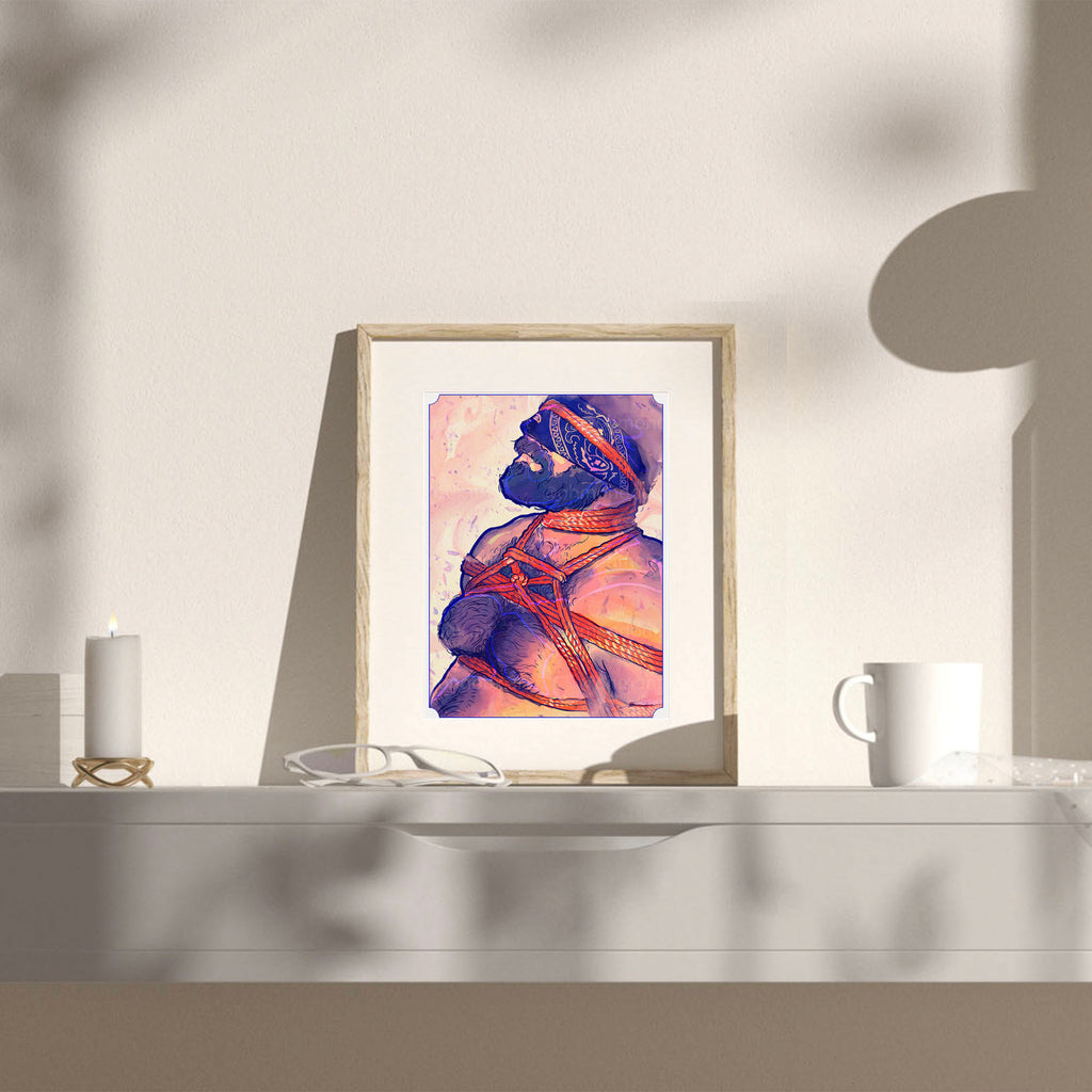 Emotional and intense gay illustration, deep masculine connection, queer wall art, minimalist homoerotic drawing.