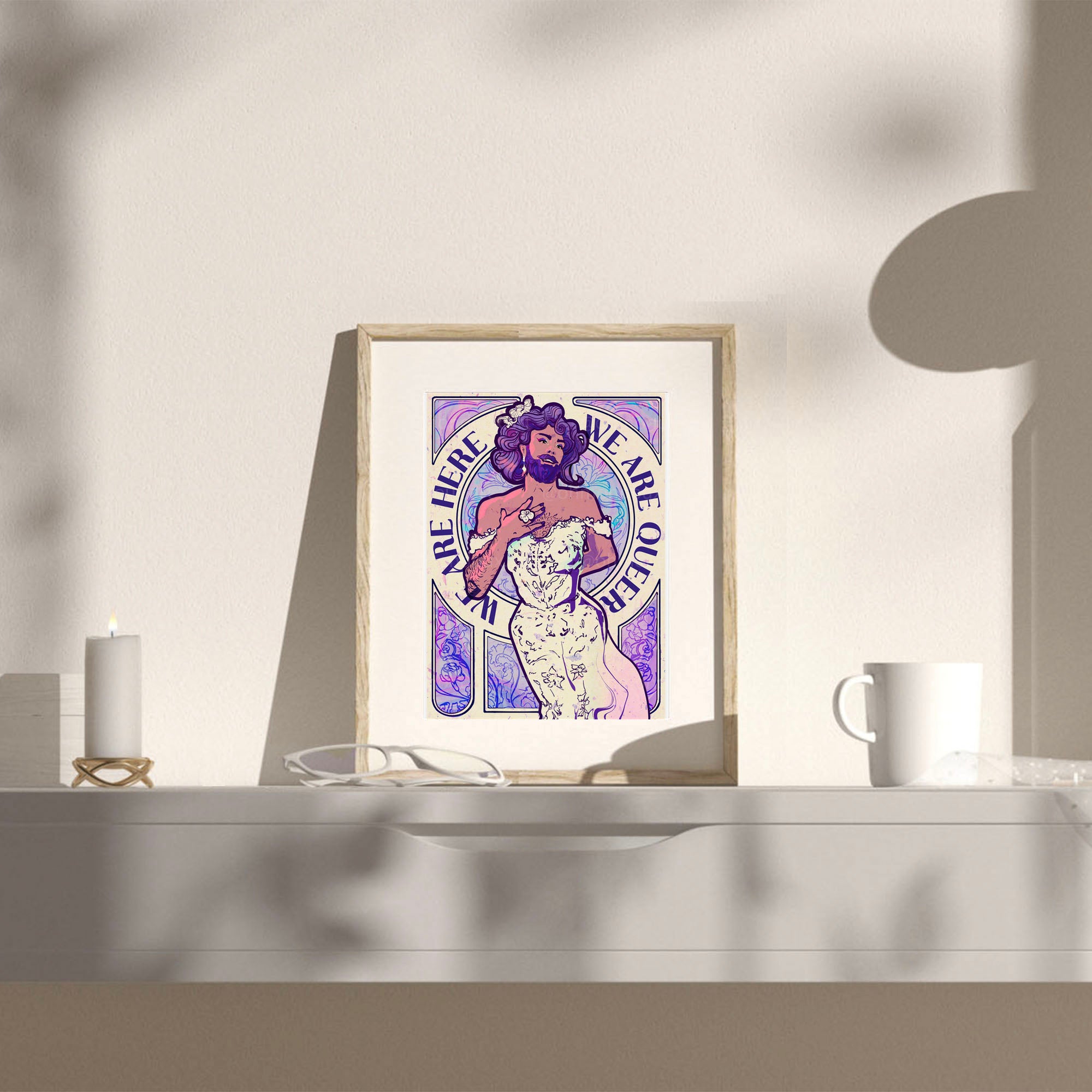 Powerful queer pride illustration, GBTQ+ visibility art, gay wall decor print, masculine tenderness and activism.