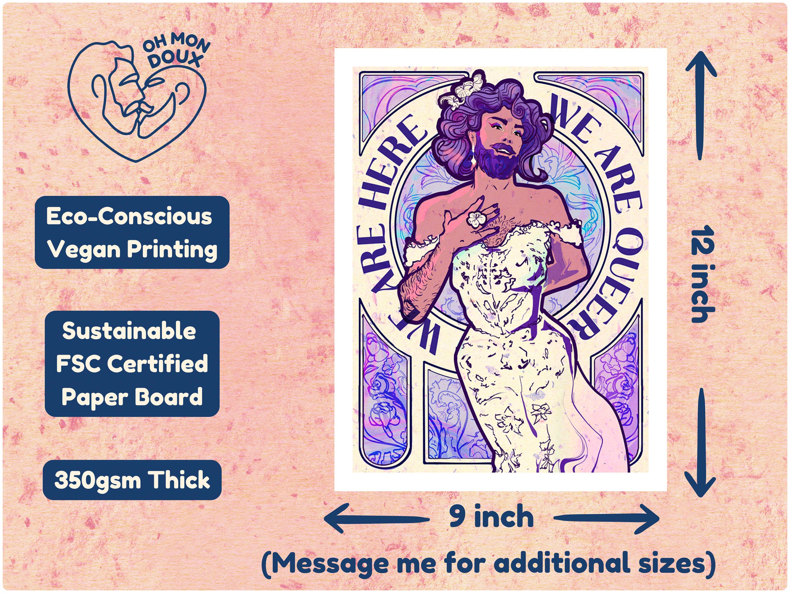 Powerful queer pride illustration, GBTQ+ visibility art, gay wall decor print, masculine tenderness and activism.