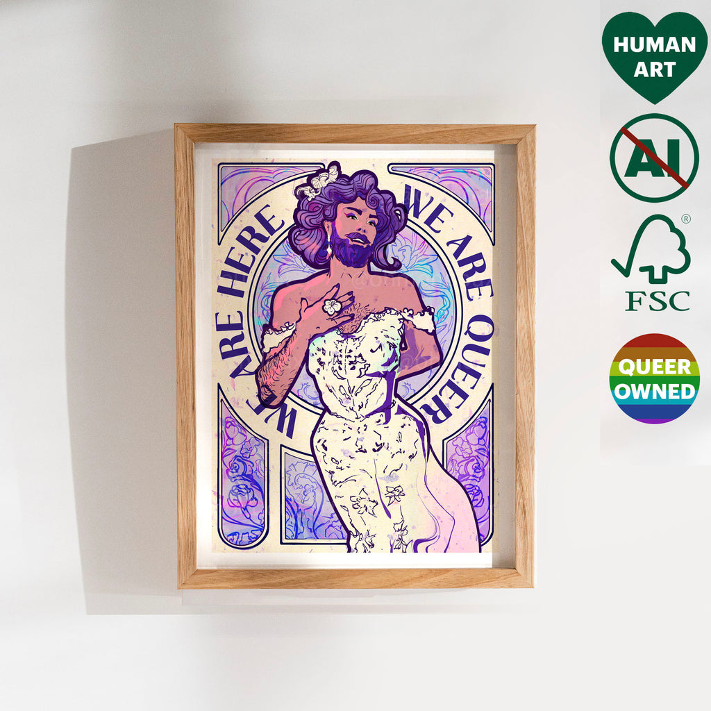 Powerful queer pride illustration, GBTQ+ visibility art, gay wall decor print, masculine tenderness and activism.