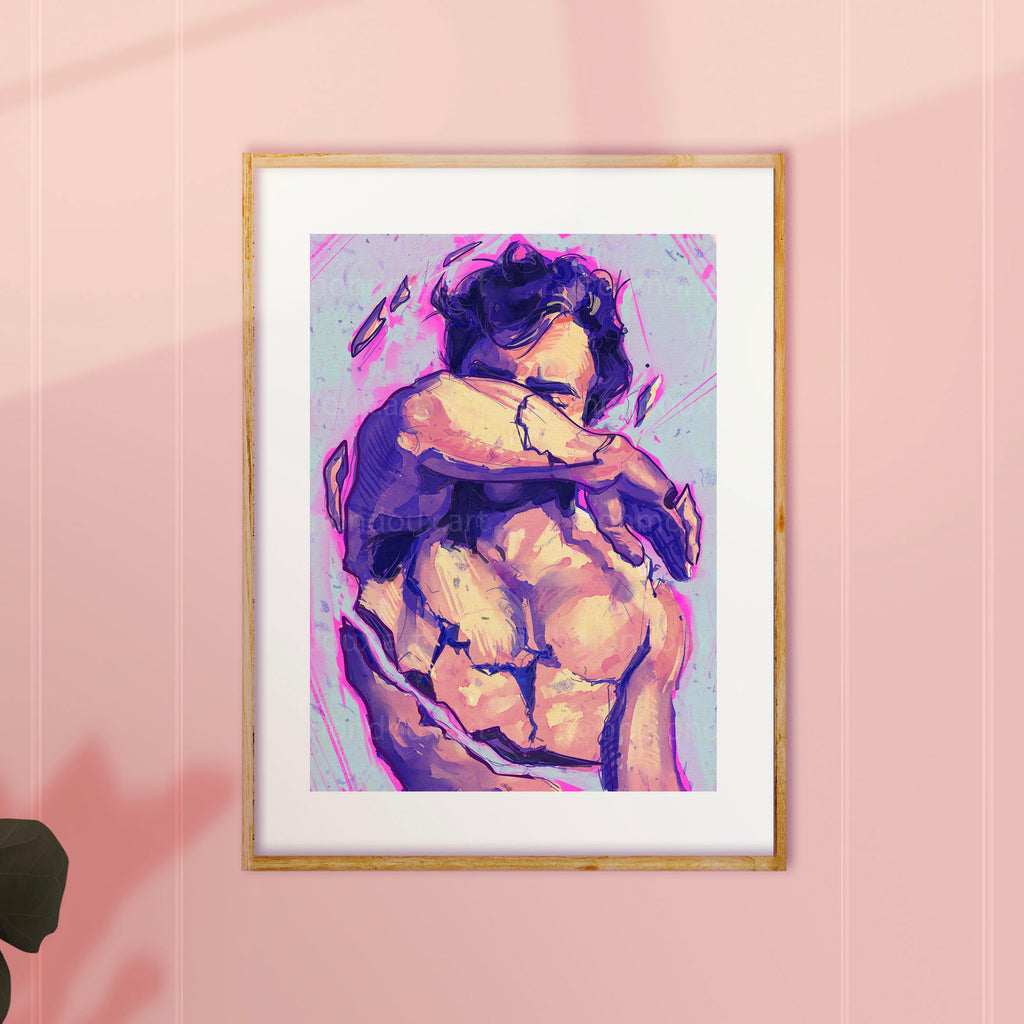 Minimalist back view of a male figure, sensual masculine line art, queer wall decor, homoerotic aesthetic art print.