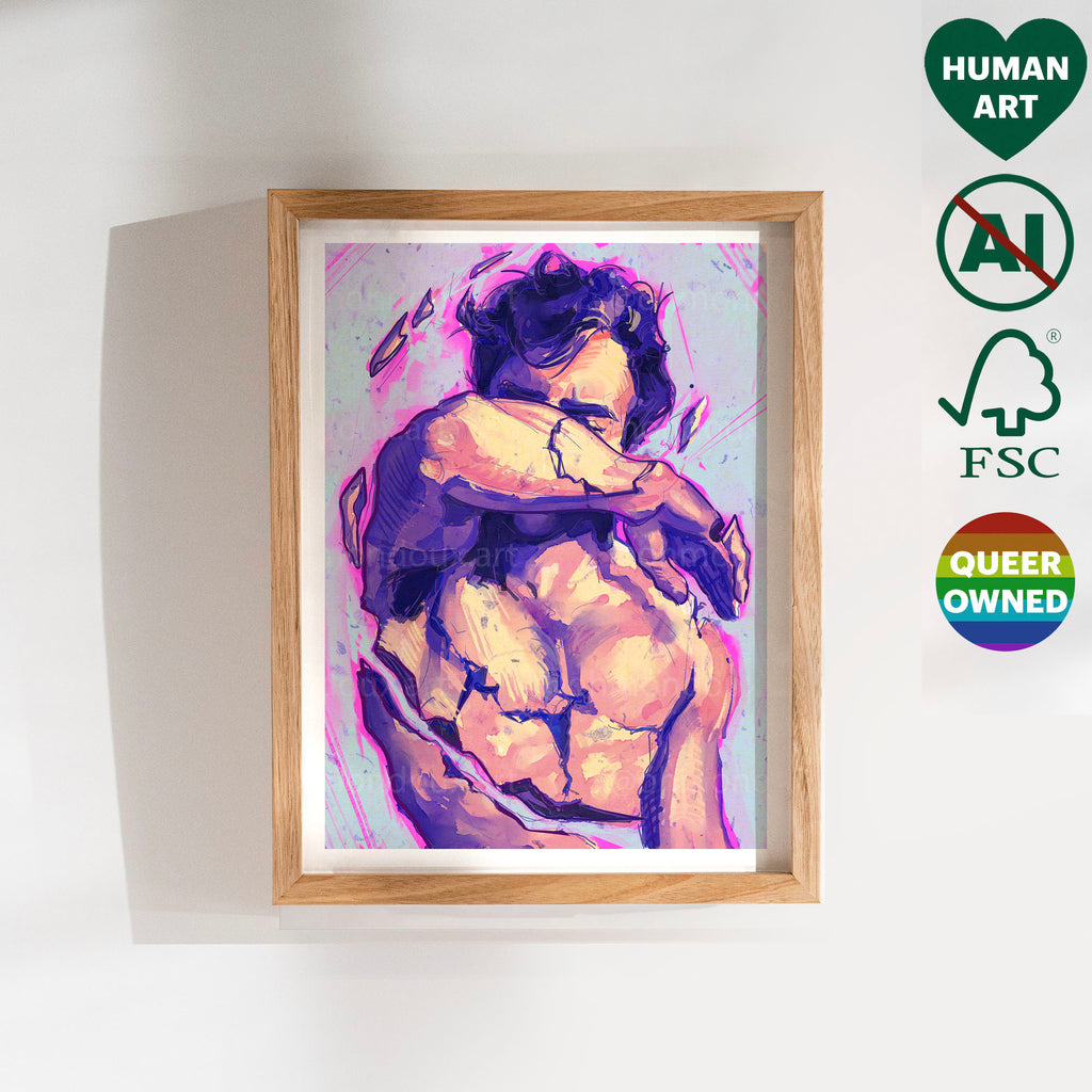 Minimalist back view of a male figure, sensual masculine line art, queer wall decor, homoerotic aesthetic art print.