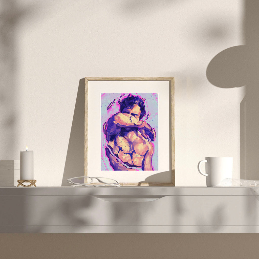 Minimalist back view of a male figure, sensual masculine line art, queer wall decor, homoerotic aesthetic art print.