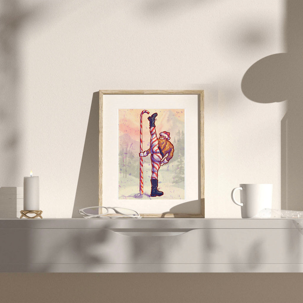 Playful and erotic gay Christmas illustration, winter theme, queer holiday decor, masculine humor art print.