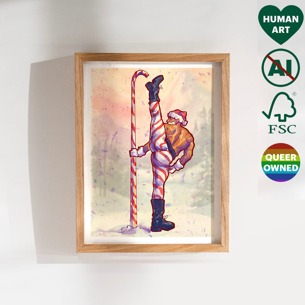 Playful and erotic gay Christmas illustration, winter theme, queer holiday decor, masculine humor art print.