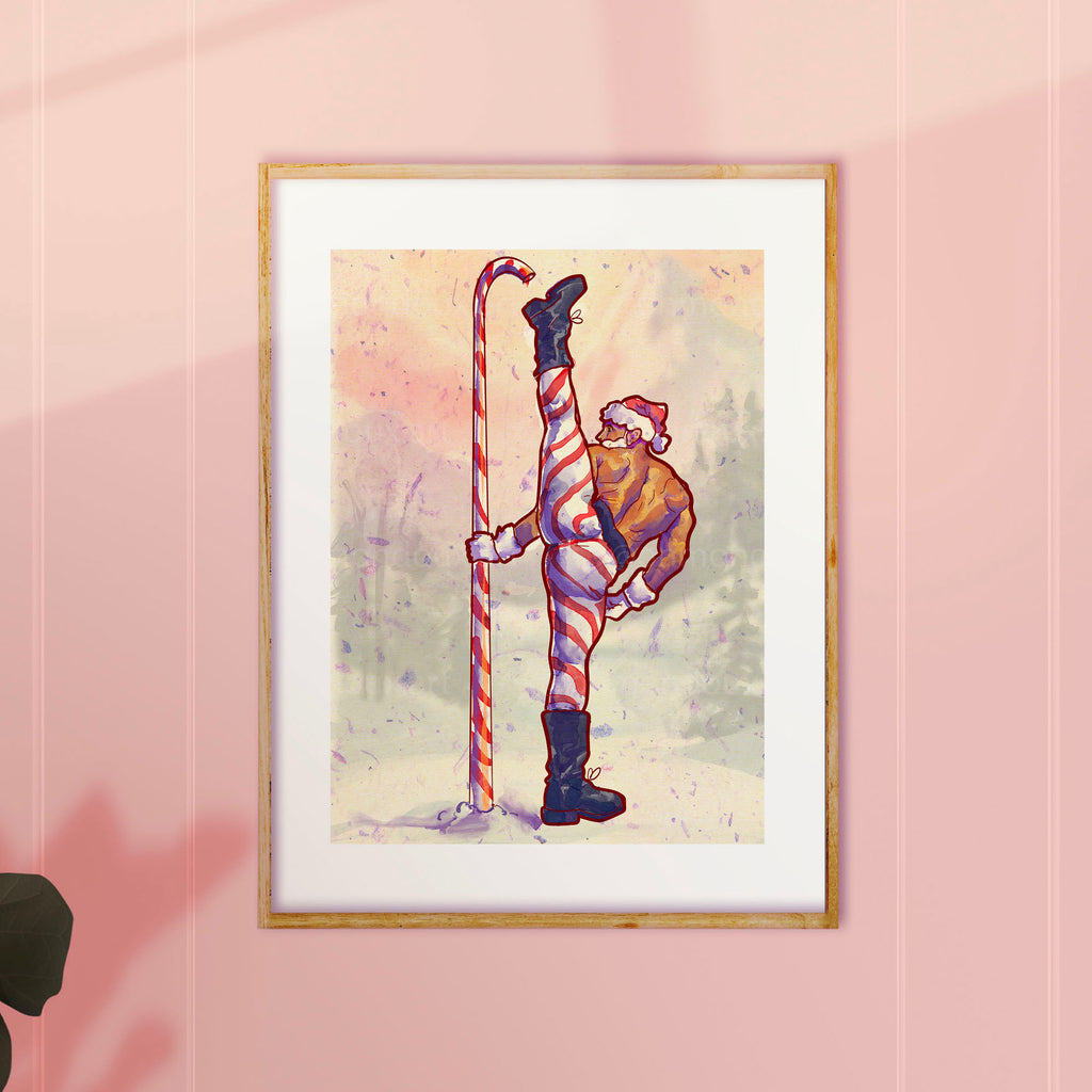 Playful and erotic gay Christmas illustration, winter theme, queer holiday decor, masculine humor art print.