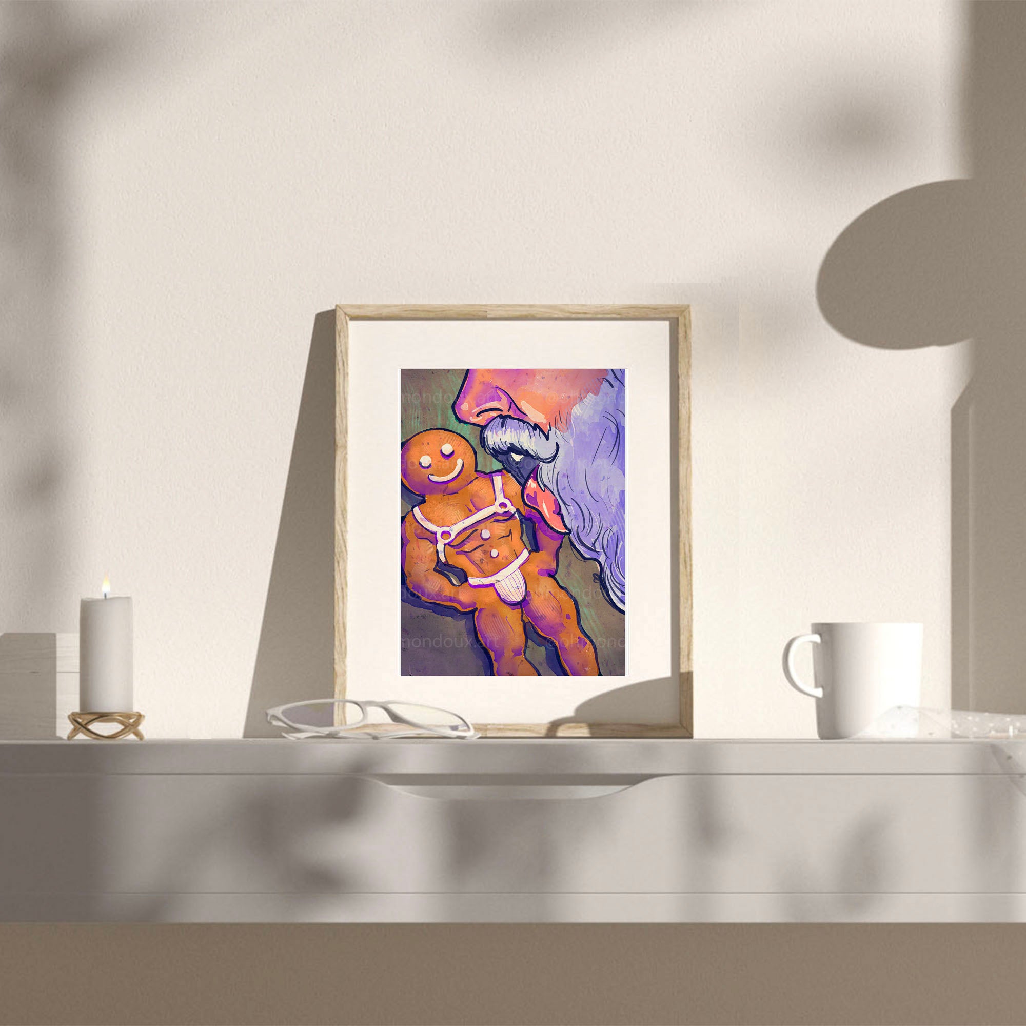 Intimate and erotic Santa Claus illustration, gay holiday gift idea, queer Christmas decor, sensual masculine drawing.