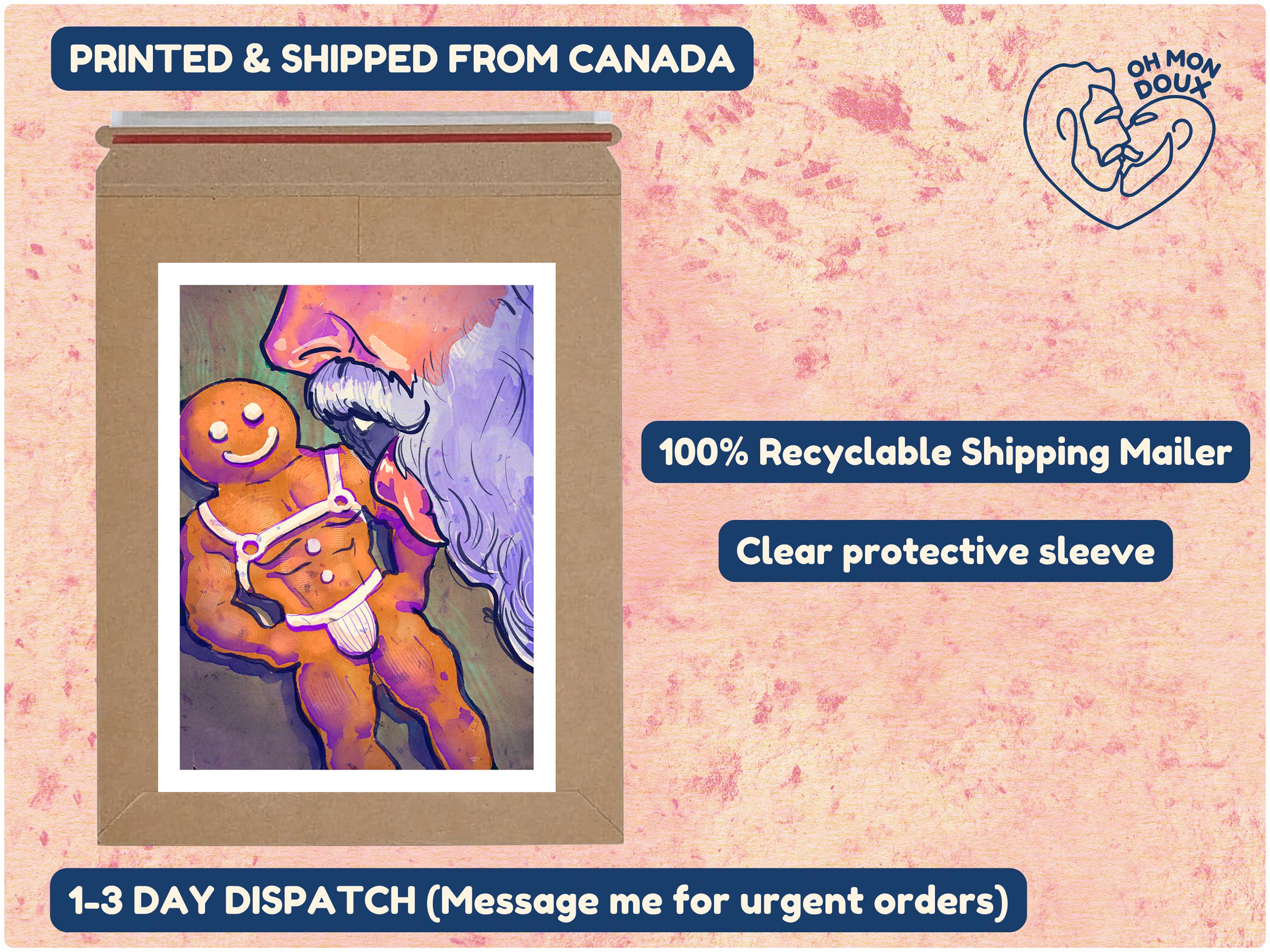 Intimate and erotic Santa Claus illustration, gay holiday gift idea, queer Christmas decor, sensual masculine drawing.