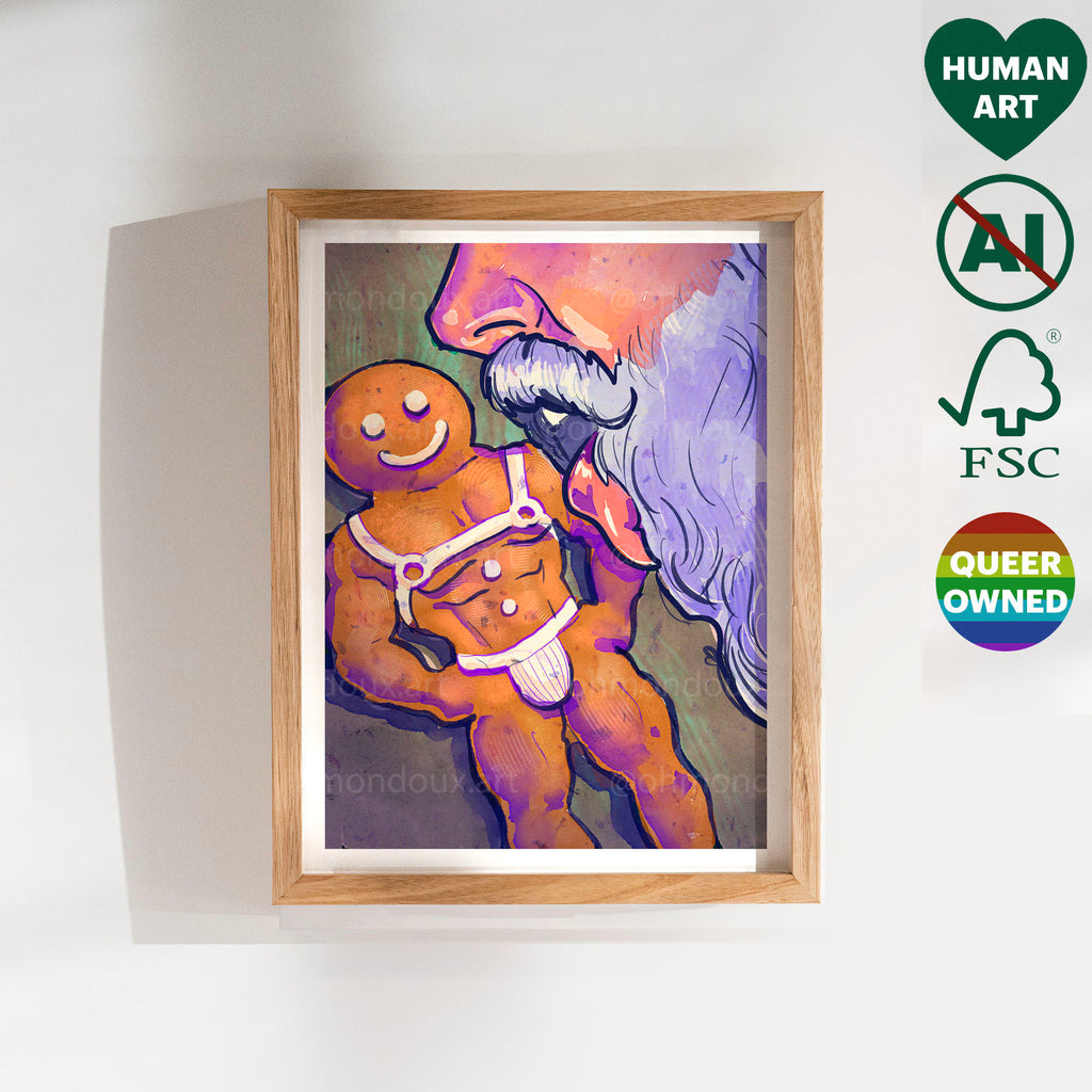 Intimate and erotic Santa Claus illustration, gay holiday gift idea, queer Christmas decor, sensual masculine drawing.