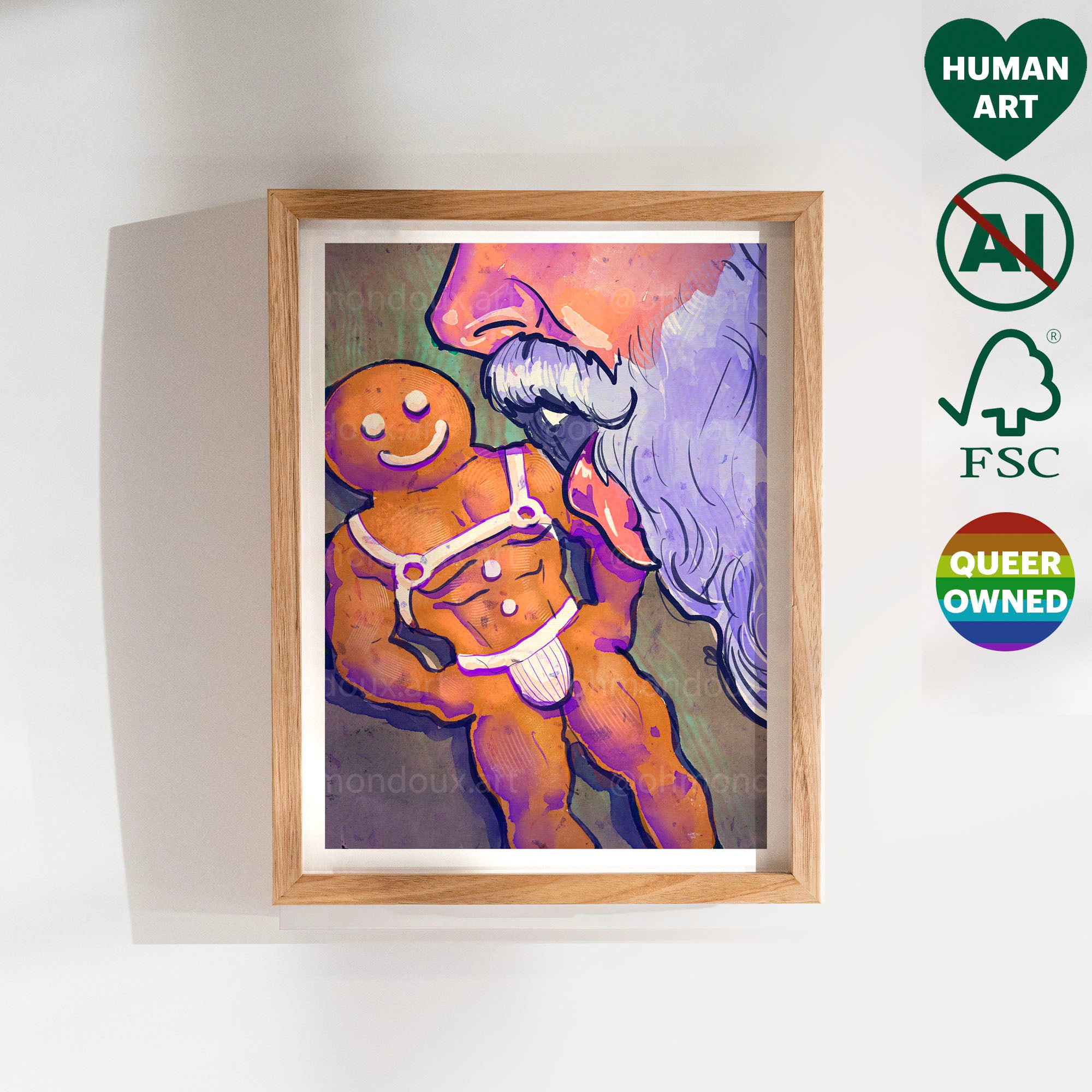 Intimate and erotic Santa Claus illustration, gay holiday gift idea, queer Christmas decor, sensual masculine drawing.