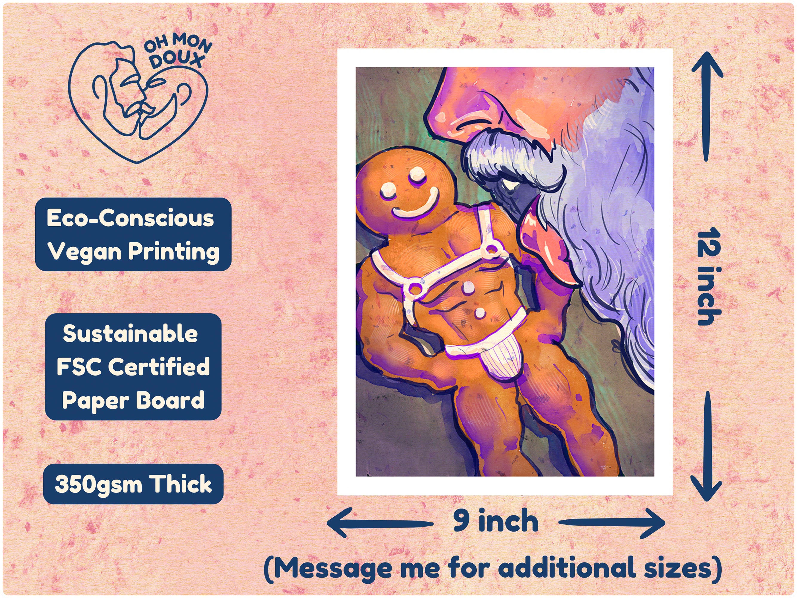 Intimate and erotic Santa Claus illustration, gay holiday gift idea, queer Christmas decor, sensual masculine drawing.