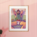 Playful and erotic gay illustration of Santa in his workshop, masculine energy, queer Christmas art print, sensual holiday decor.