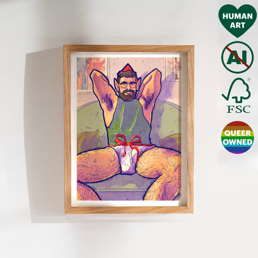 Playful and erotic gay illustration of Santa in his workshop, masculine energy, queer Christmas art print, sensual holiday decor.