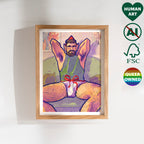 Playful and erotic gay illustration of Santa in his workshop, masculine energy, queer Christmas art print, sensual holiday decor.