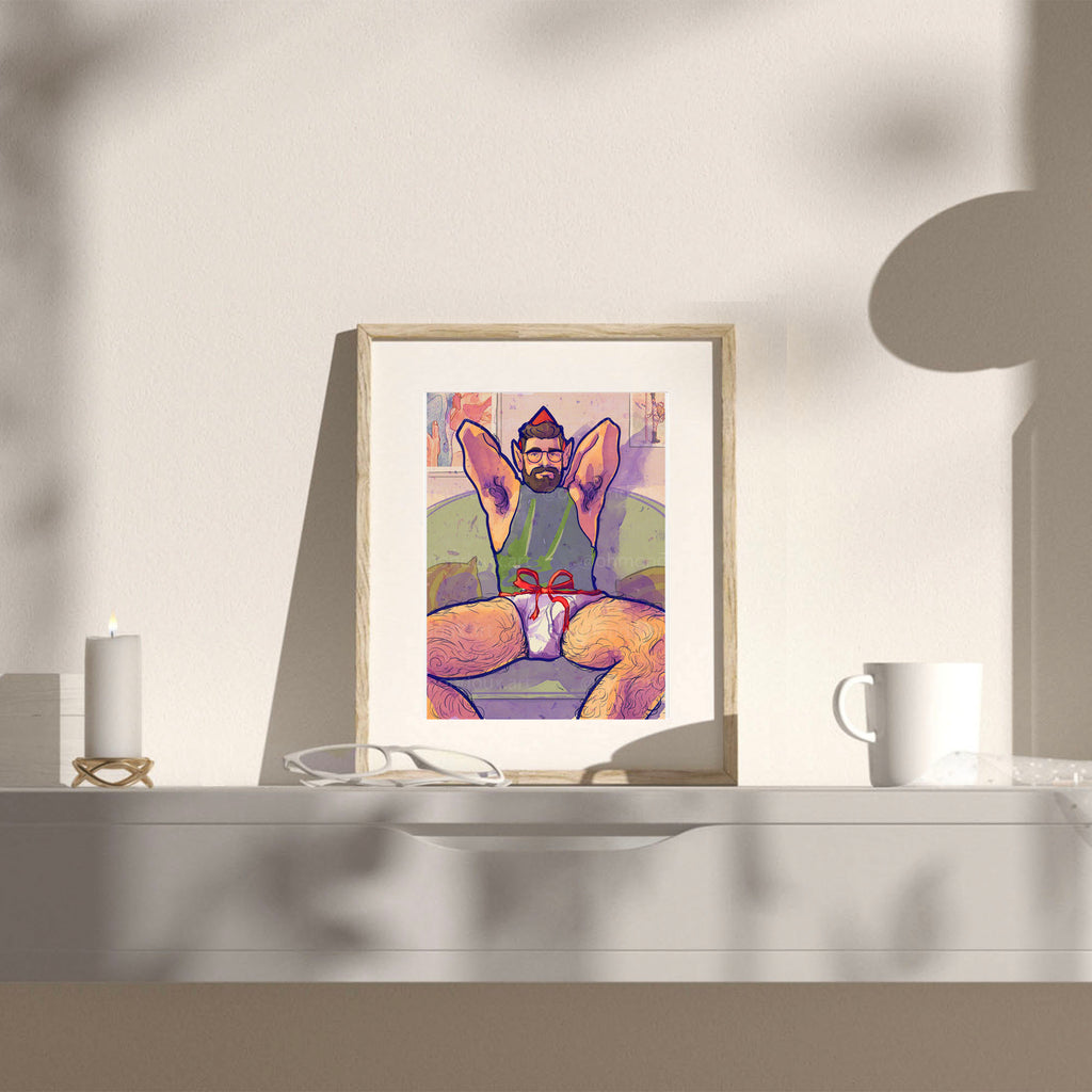 Playful and erotic gay illustration of Santa in his workshop, masculine energy, queer Christmas art print, sensual holiday decor.