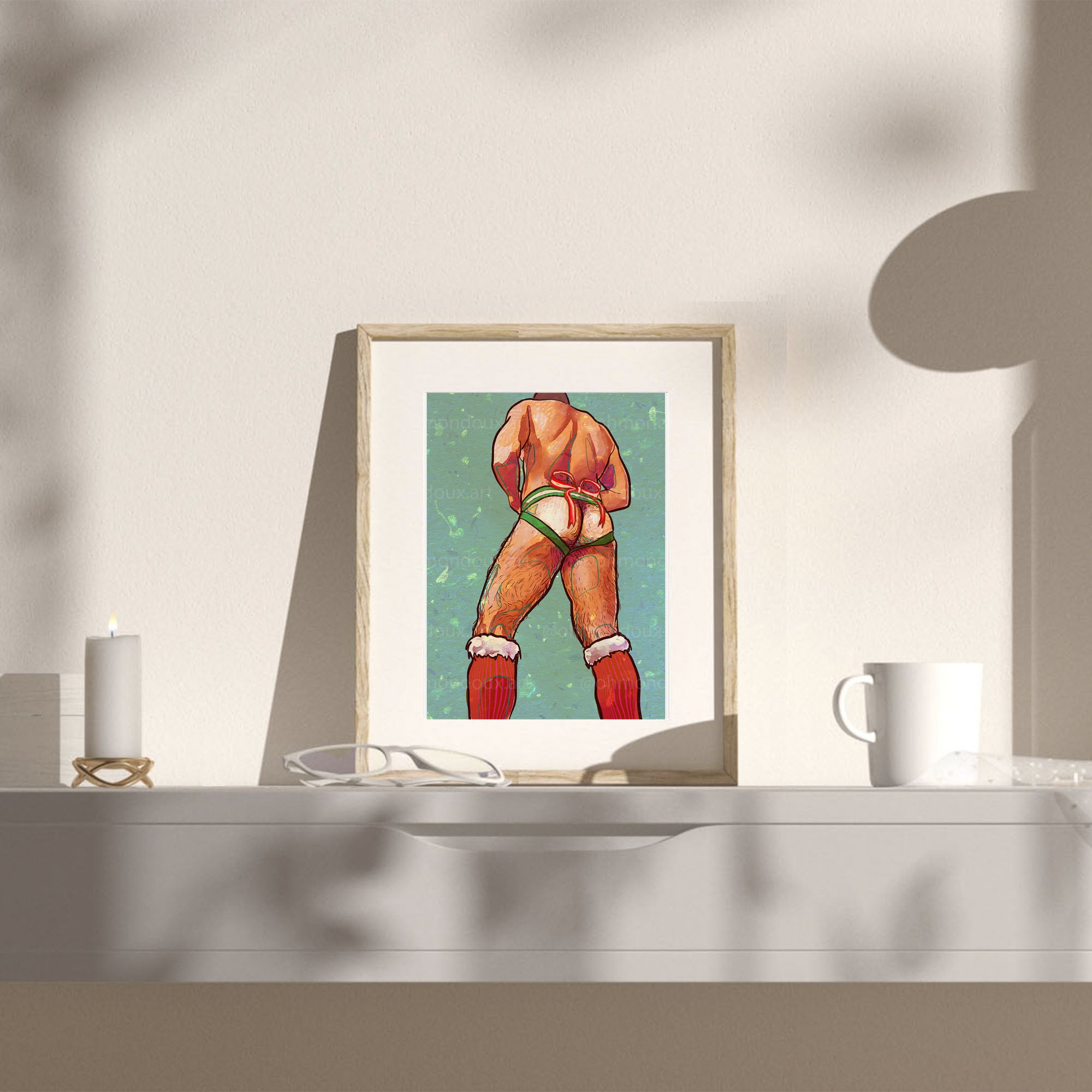 Cheeky and sensual gay Christmas drawing, festive queer humor, gay erotic art print, masculine holiday wall decor, Oh Mon Doux original.