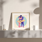 On s'en ballet couilles print framed on a white shelf next to a mug