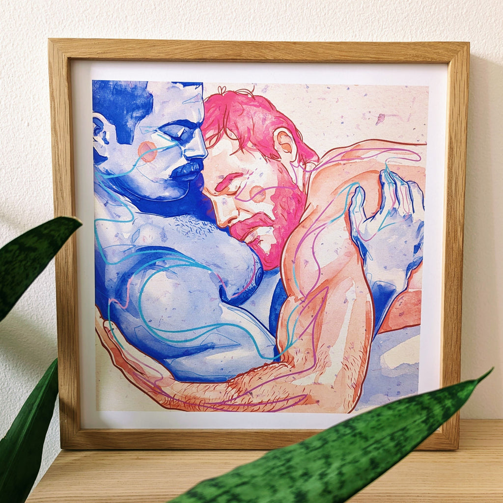 Romantic drawing of a new gay couple, celebrating fresh love and tenderness, gay art print, queer wall decor, minimalist line art.